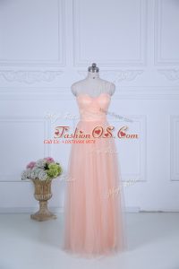 Fantastic Peach Sleeveless Ruching Floor Length Bridesmaids Dress