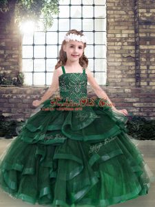 Exquisite Sleeveless Tulle Floor Length Lace Up Little Girls Pageant Gowns in Green with Beading and Ruffles