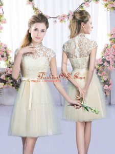 Romantic Champagne Tulle Lace Up Quinceanera Court of Honor Dress Cap Sleeves Mini Length Lace and Bowknot