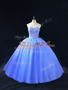 Blue Lace Up Sweetheart Beading 15th Birthday Dress Tulle Sleeveless