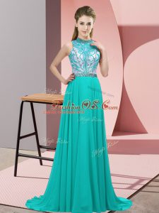 Modest Empire Sleeveless Turquoise Prom Party Dress Brush Train Backless