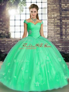Elegant Turquoise and Apple Green Sleeveless Beading and Appliques Floor Length 15 Quinceanera Dress