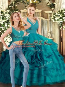 Excellent Backless Quince Ball Gowns Teal for Sweet 16 and Quinceanera with Ruffled Layers Sweep Train