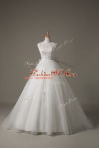 Decent High-neck Sleeveless Tulle Wedding Dresses Beading and Lace and Bowknot Brush Train Lace Up