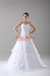 Organza Sweetheart Sleeveless Brush Train Lace Up Beading and Ruffled Layers and Hand Made Flower Wedding Dress in White