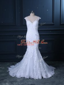 Elegant White Mermaid Tulle V-neck Sleeveless Beading and Lace Clasp Handle Wedding Gowns Brush Train