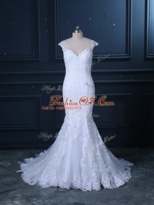 Elegant White Mermaid Tulle V-neck Sleeveless Beading and Lace Clasp Handle Wedding Gowns Brush Train