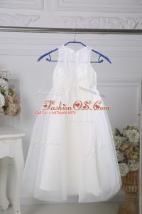 Delicate Floor Length White Toddler Flower Girl Dress Tulle Sleeveless Lace