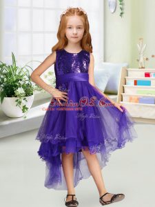 Sleeveless Organza High Low Zipper Flower Girl Dresses for Less in Purple with Sequins and Bowknot