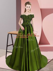 Modest Off The Shoulder Sleeveless Zipper 15th Birthday Dress Olive Green Satin