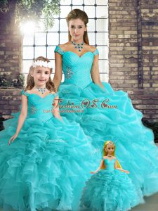 Sleeveless Organza Floor Length Lace Up Sweet 16 Dresses in Aqua Blue with Beading and Ruffles and Pick Ups