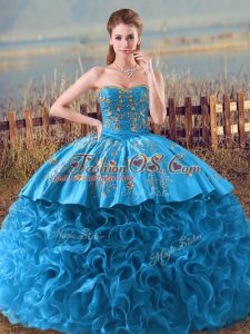 Comfortable Baby Blue Sleeveless Brush Train Embroidery and Ruffles Floor Length 15 Quinceanera Dress