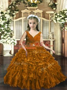 Custom Designed Brown V-neck Backless Beading and Ruffles Pageant Dress Womens Sleeveless