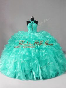Artistic Aqua Blue Organza Zipper Halter Top Sleeveless Quinceanera Dress Brush Train Beading and Ruffles