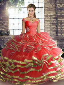 New Arrival Coral Red Sleeveless Beading and Ruffled Layers Floor Length 15 Quinceanera Dress