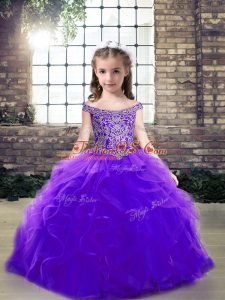Nice Off The Shoulder Sleeveless Kids Formal Wear Floor Length Beading and Ruffles Purple Tulle