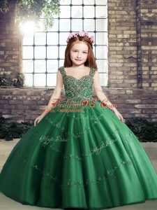 On Sale Dark Green Ball Gowns Straps Sleeveless Tulle Floor Length Lace Up Beading Kids Pageant Dress