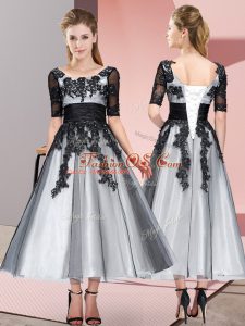 Sumptuous Tulle Short Sleeves Tea Length Quinceanera Dama Dress and Beading and Lace