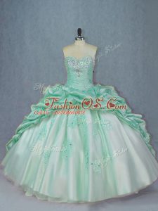 Ideal Apple Green Organza and Taffeta Lace Up Quinceanera Gowns Sleeveless Brush Train Beading and Pick Ups