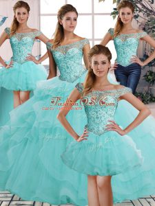 Wonderful Off The Shoulder Sleeveless Lace Up Quinceanera Gown Aqua Blue Tulle
