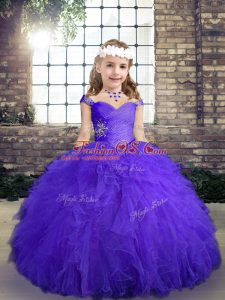 Purple Sleeveless Floor Length Beading and Ruffles Lace Up Kids Formal Wear