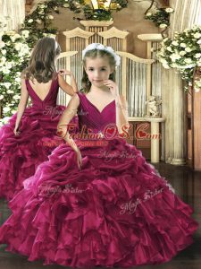 Fuchsia V-neck Neckline Beading and Ruffles and Pick Ups Kids Formal Wear Sleeveless Backless