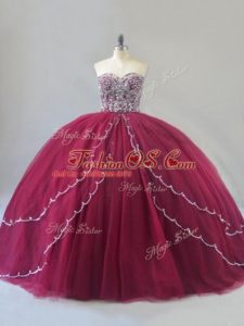 Spectacular Burgundy 15th Birthday Dress Tulle Brush Train Sleeveless Beading