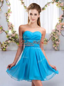 Aqua Blue Empire Chiffon Sweetheart Sleeveless Ruching Mini Length Lace Up Court Dresses for Sweet 16
