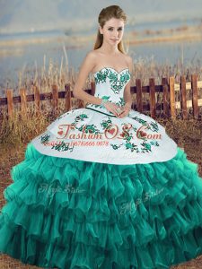 Turquoise Sweetheart Lace Up Embroidery and Ruffled Layers and Bowknot Sweet 16 Dress Sleeveless