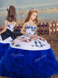 Floor Length Royal Blue Kids Formal Wear Sleeveless Embroidery and Ruffles