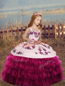 Hot Selling Floor Length Fuchsia Pageant Gowns For Girls Organza Sleeveless Embroidery and Ruffles