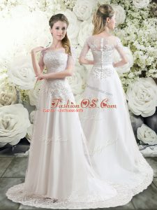 White Tulle Clasp Handle Scoop Long Sleeves Wedding Dress Brush Train Lace