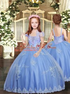 Admirable Baby Blue Sleeveless Floor Length Appliques Lace Up Little Girls Pageant Gowns
