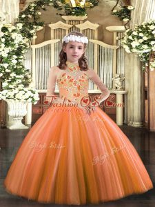 Orange Tulle Lace Up Little Girls Pageant Dress Sleeveless Floor Length Appliques
