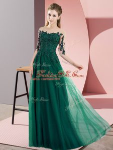 Empire Wedding Party Dress Dark Green Bateau Chiffon Half Sleeves Floor Length Lace Up