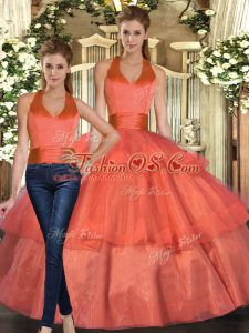 Ruffled Layers Quince Ball Gowns Orange Lace Up Sleeveless Floor Length