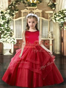 Trendy Tulle Sleeveless Floor Length Little Girls Pageant Gowns and Ruffled Layers