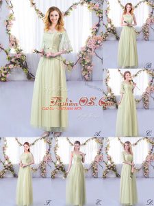 Trendy Yellow Green Empire Off The Shoulder Half Sleeves Tulle Floor Length Side Zipper Lace and Belt Wedding Party Dress