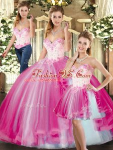 Beauteous Sweetheart Sleeveless Quinceanera Gowns Floor Length Beading Fuchsia Tulle