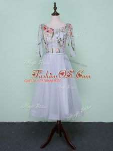 Most Popular Grey Lace Up Scoop Embroidery Bridesmaid Dress Tulle Half Sleeves