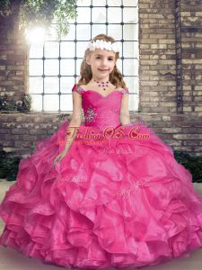 Popular Floor Length Hot Pink Pageant Gowns For Girls Organza Sleeveless Beading and Ruffles