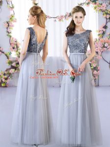 Grey Lace Up Vestidos de Damas Appliques Sleeveless Floor Length