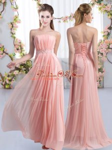 Custom Fit Strapless Sleeveless Vestidos de Damas Sweep Train Beading Pink Chiffon