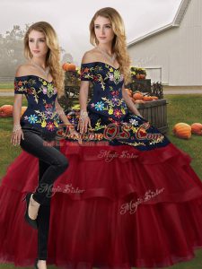 Sumptuous Wine Red Sleeveless Embroidery and Ruffled Layers Lace Up 15th Birthday Dress