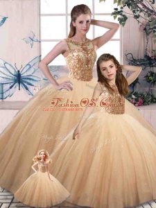 Best Selling Gold Ball Gowns Beading Quinceanera Gowns Lace Up Tulle Sleeveless Floor Length