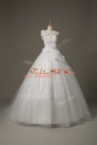 White Wedding Dress Wedding Party with Beading and Lace and Hand Made Flower One Shoulder Sleeveless Brush Train Lace Up