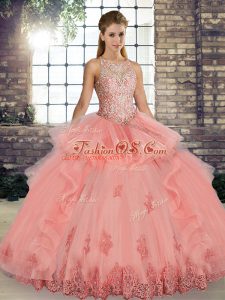 Floor Length Lace Up Vestidos de Quinceanera Watermelon Red for Military Ball and Sweet 16 and Quinceanera with Lace and Embroidery and Ruffles