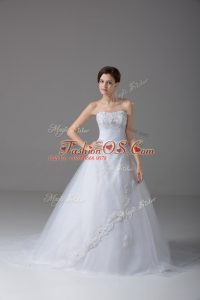 Delicate White Tulle Lace Up Bridal Gown Sleeveless Brush Train Beading and Lace