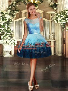 Tulle Scoop Sleeveless Backless Lace and Ruffles Celebrity Prom Dress in Multi-color