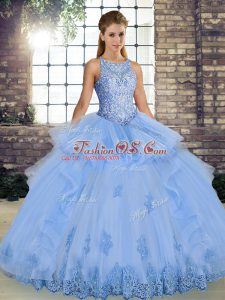 Noble Lavender Tulle Lace Up Quinceanera Gowns Sleeveless Floor Length Lace and Embroidery and Ruffles